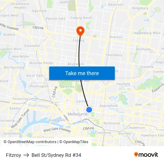 Fitzroy to Bell St/Sydney Rd #34 map