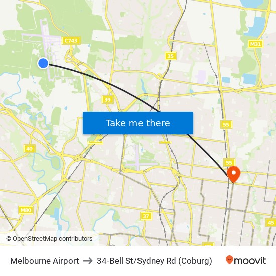 Melbourne Airport to 34-Bell St/Sydney Rd (Coburg) map
