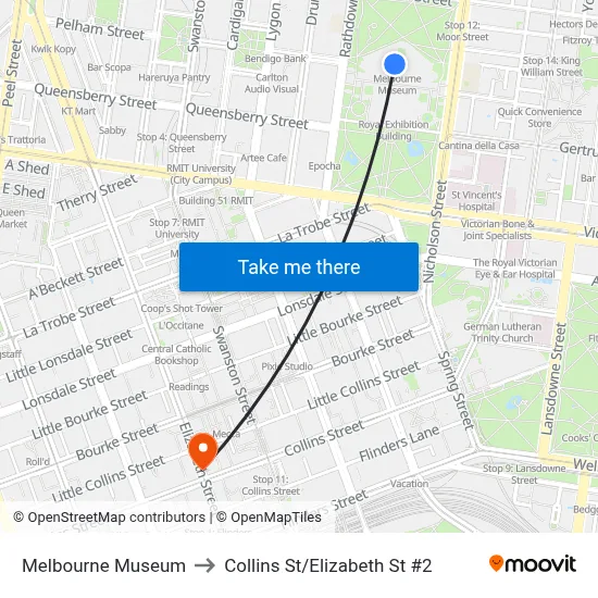 Melbourne Museum to Collins St/Elizabeth St #2 map