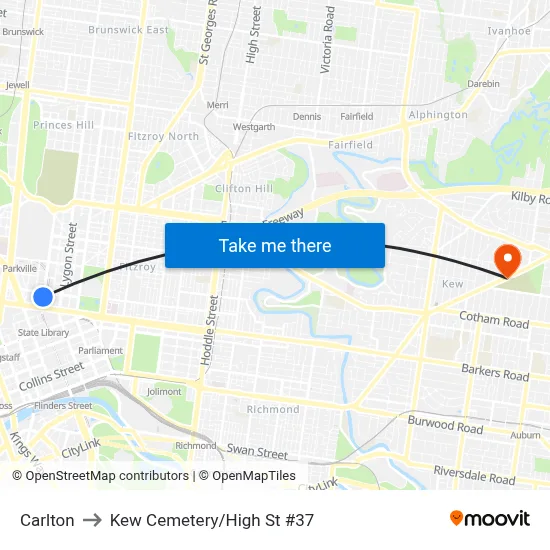 Carlton to Kew Cemetery/High St #37 map