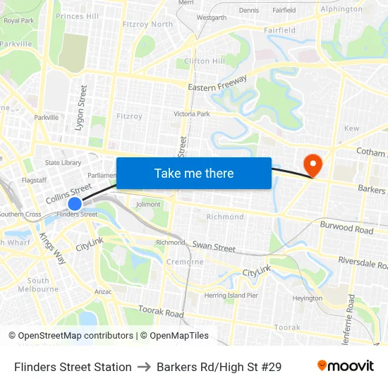Flinders Street Station to Barkers Rd/High St #29 map