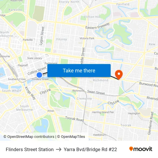 Flinders Street Station to Yarra Bvd/Bridge Rd #22 map