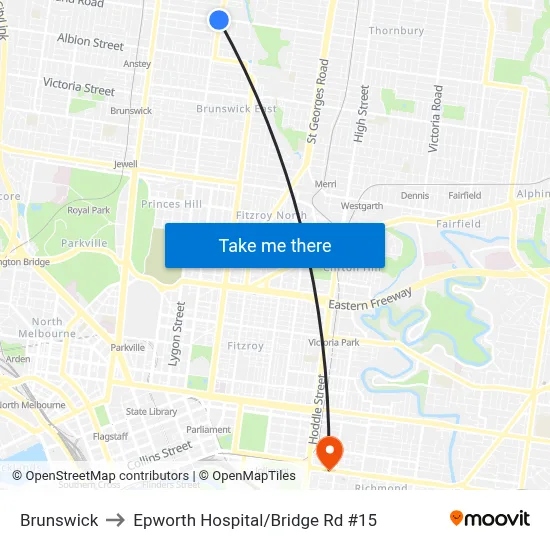 Brunswick to Epworth Hospital/Bridge Rd #15 map