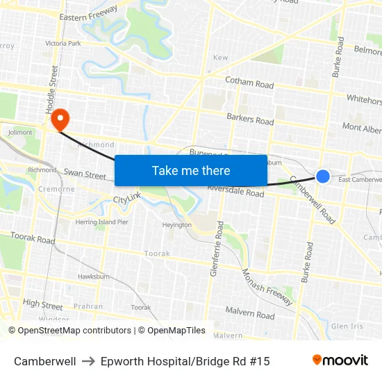 Camberwell to Epworth Hospital/Bridge Rd #15 map