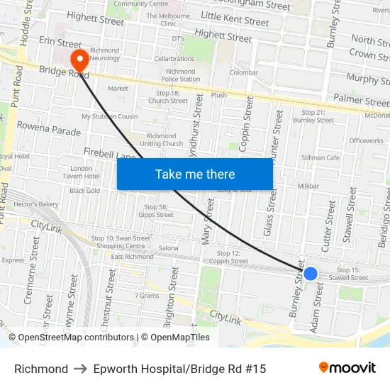 Richmond to Epworth Hospital/Bridge Rd #15 map