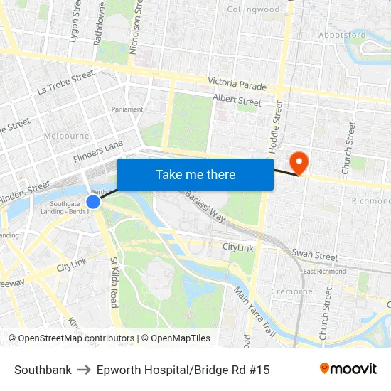Southbank to Epworth Hospital/Bridge Rd #15 map