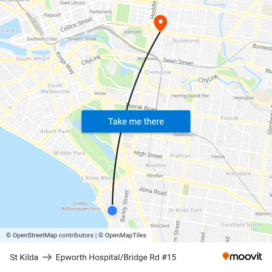St Kilda to Epworth Hospital/Bridge Rd #15 map