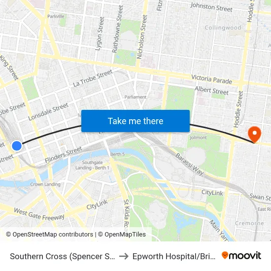 Southern Cross (Spencer Street) Station to Epworth Hospital/Bridge Rd #15 map