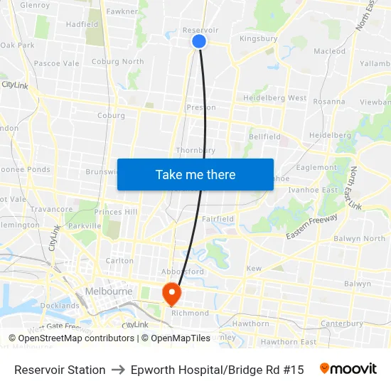 Reservoir Station to Epworth Hospital/Bridge Rd #15 map