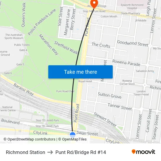 Richmond Station to Punt Rd/Bridge Rd #14 map