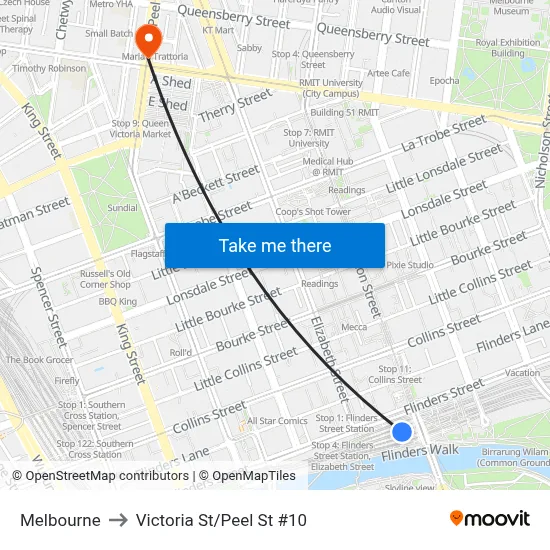 Melbourne to Victoria St/Peel St #10 map