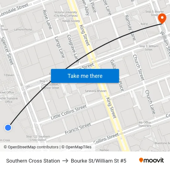 Southern Cross Station to Bourke St/William St #5 map