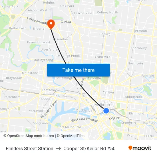 Flinders Street Station to Cooper St/Keilor Rd #50 map