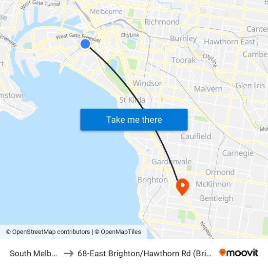 South Melbourne to 68-East Brighton / Hawthorn Rd (Brighton East) map