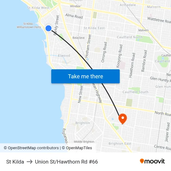 St Kilda to Union St/Hawthorn Rd #66 map