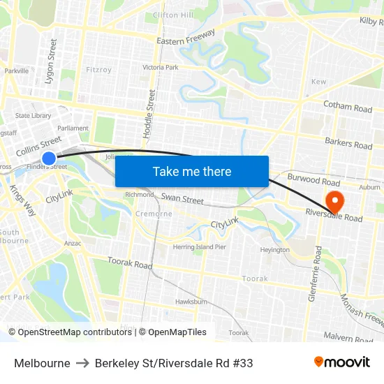 Melbourne to Berkeley St/Riversdale Rd #33 map