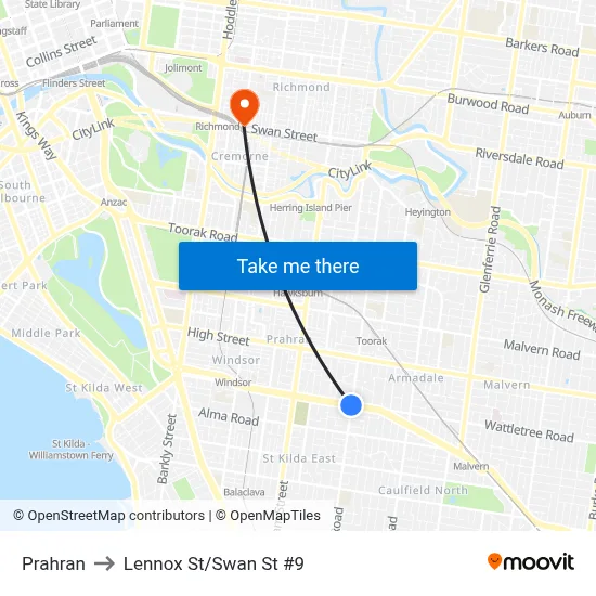 Prahran to Lennox St/Swan St #9 map