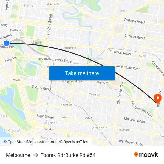 Melbourne to Toorak Rd/Burke Rd #54 map