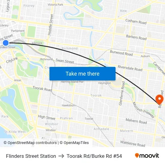Flinders Street Station to Toorak Rd/Burke Rd #54 map