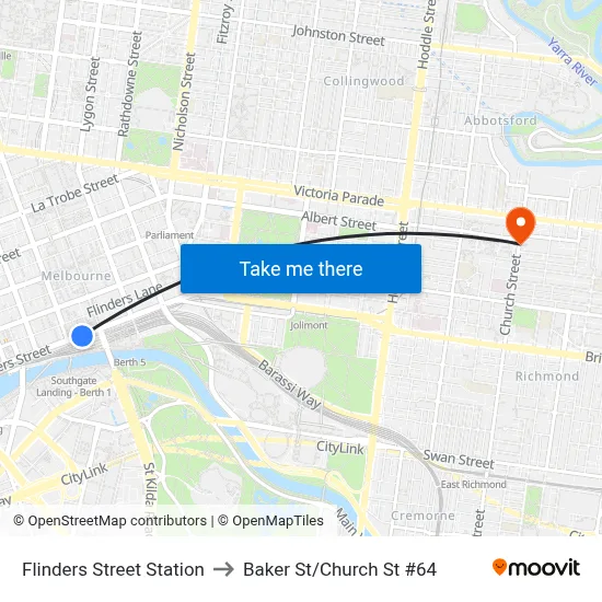 Flinders Street Station to Baker St/Church St #64 map