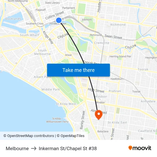 Melbourne to Inkerman St/Chapel St #38 map