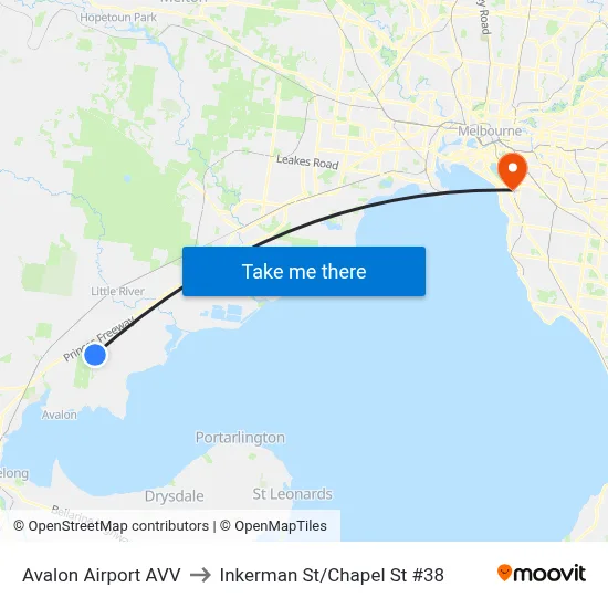 Avalon Airport AVV to Inkerman St/Chapel St #38 map