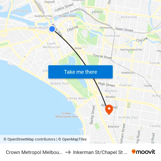 Crown Metropol Melbourne to Inkerman St/Chapel St #38 map