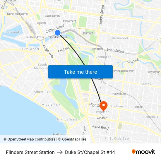 Flinders Street Station to Duke St/Chapel St #44 map
