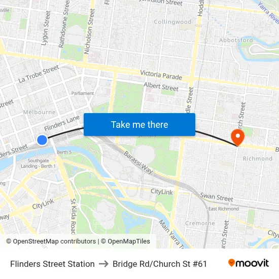 Flinders Street Station to Bridge Rd/Church St #61 map