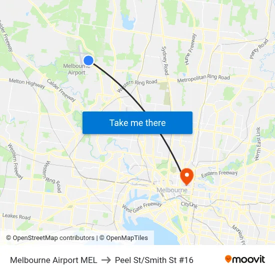 Melbourne Airport MEL to Peel St/Smith St #16 map