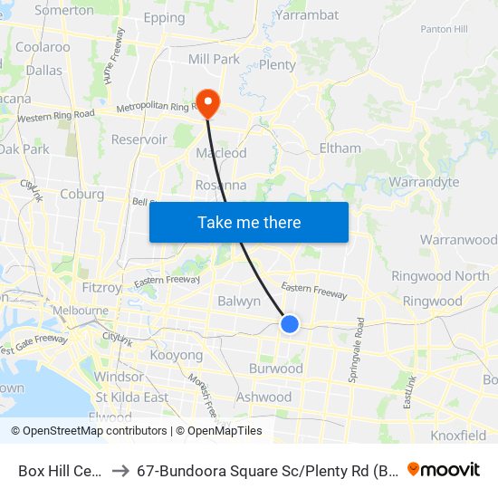 Box Hill Central to 67-Bundoora Square Sc / Plenty Rd (Bundoora) map