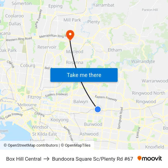 Box Hill Central to Bundoora Square Sc / Plenty Rd #67 map