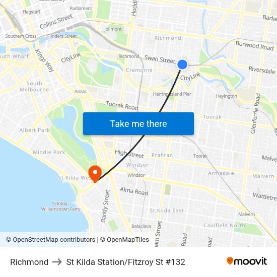 Richmond to St Kilda Station / Fitzroy St #132 map