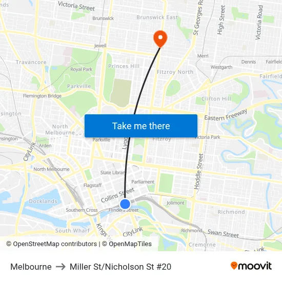 Melbourne to Miller St/Nicholson St #20 map