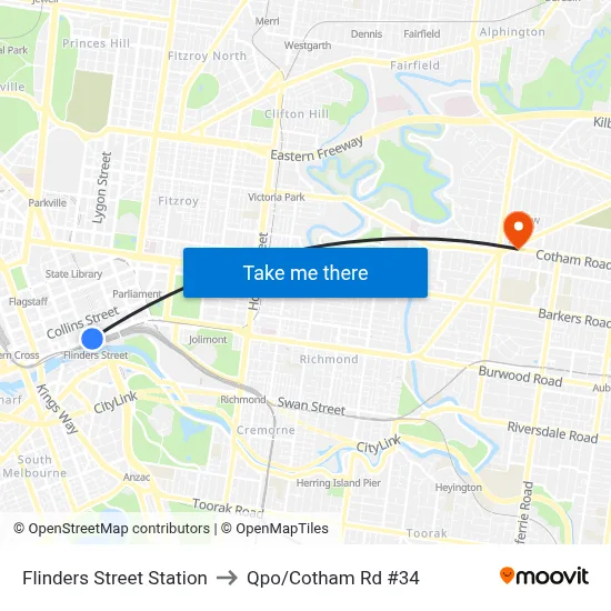Flinders Street Station to Qpo/Cotham Rd #34 map