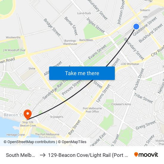 South Melbourne to 129-Beacon Cove / Light Rail (Port Melbourne) map