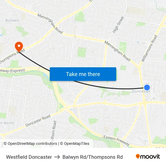 Westfield Doncaster to Balwyn Rd/Thompsons Rd map