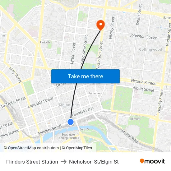 Flinders Street Station to Nicholson St/Elgin St map
