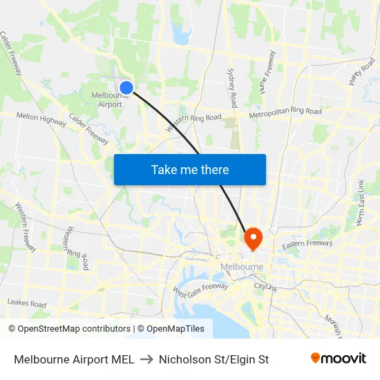 Melbourne Airport MEL to Nicholson St/Elgin St map