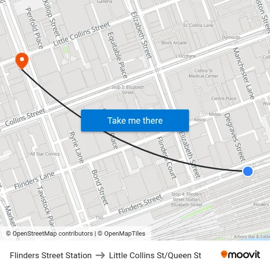 Flinders Street Station to Little Collins St/Queen St map