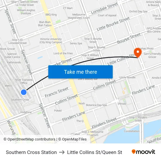 Southern Cross Station to Little Collins St/Queen St map