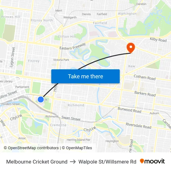 Melbourne Cricket Ground to Walpole St/Willsmere Rd map