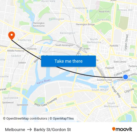 Melbourne to Barkly St/Gordon St map