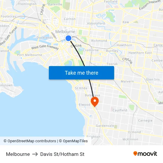 Melbourne to Davis St/Hotham St map
