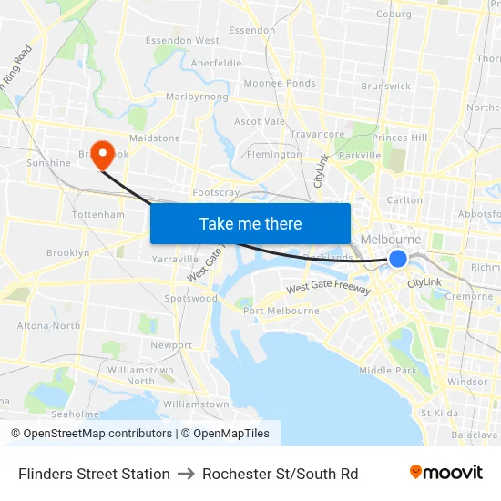 Flinders Street Station to Rochester St/South Rd map