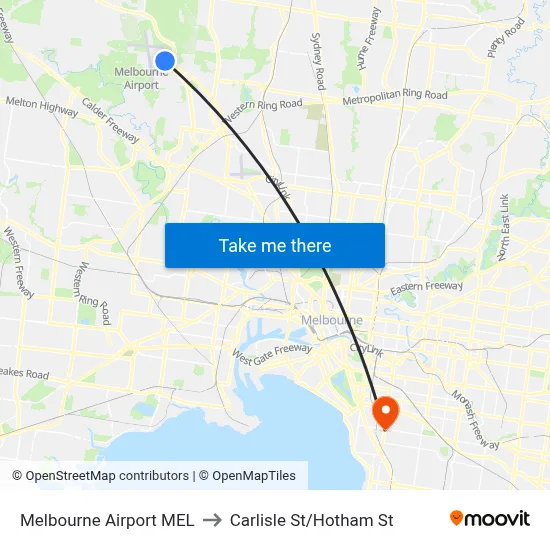 Melbourne Airport MEL to Carlisle St/Hotham St map