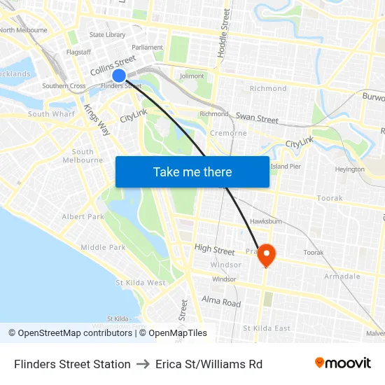 Flinders Street Station to Erica St/Williams Rd map