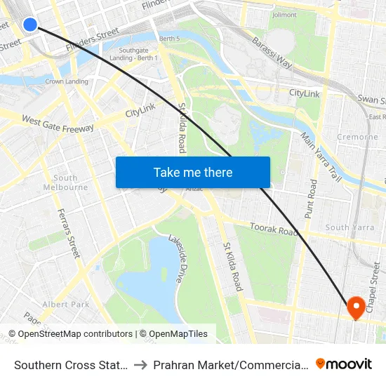 Southern Cross Station to Prahran Market/Commercial Rd map