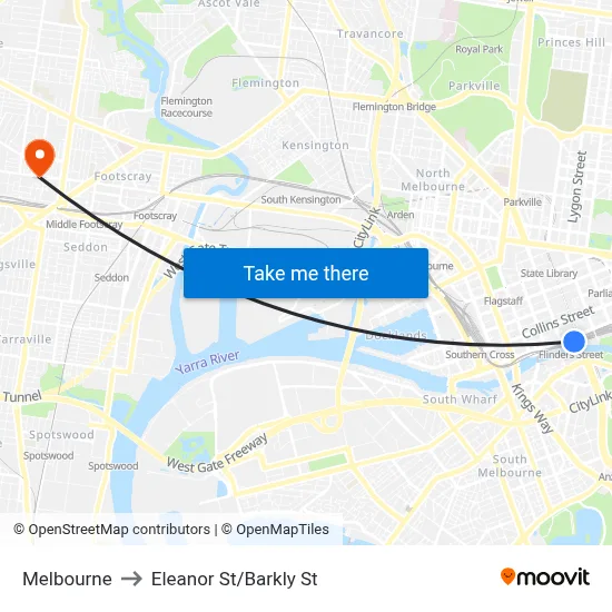 Melbourne to Eleanor St/Barkly St map