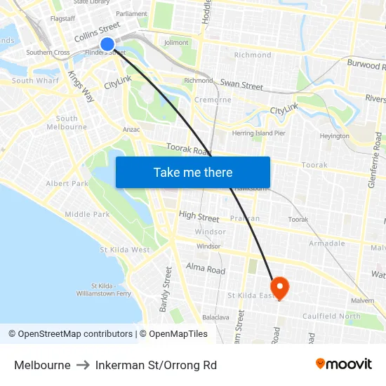 Melbourne to Inkerman St/Orrong Rd map